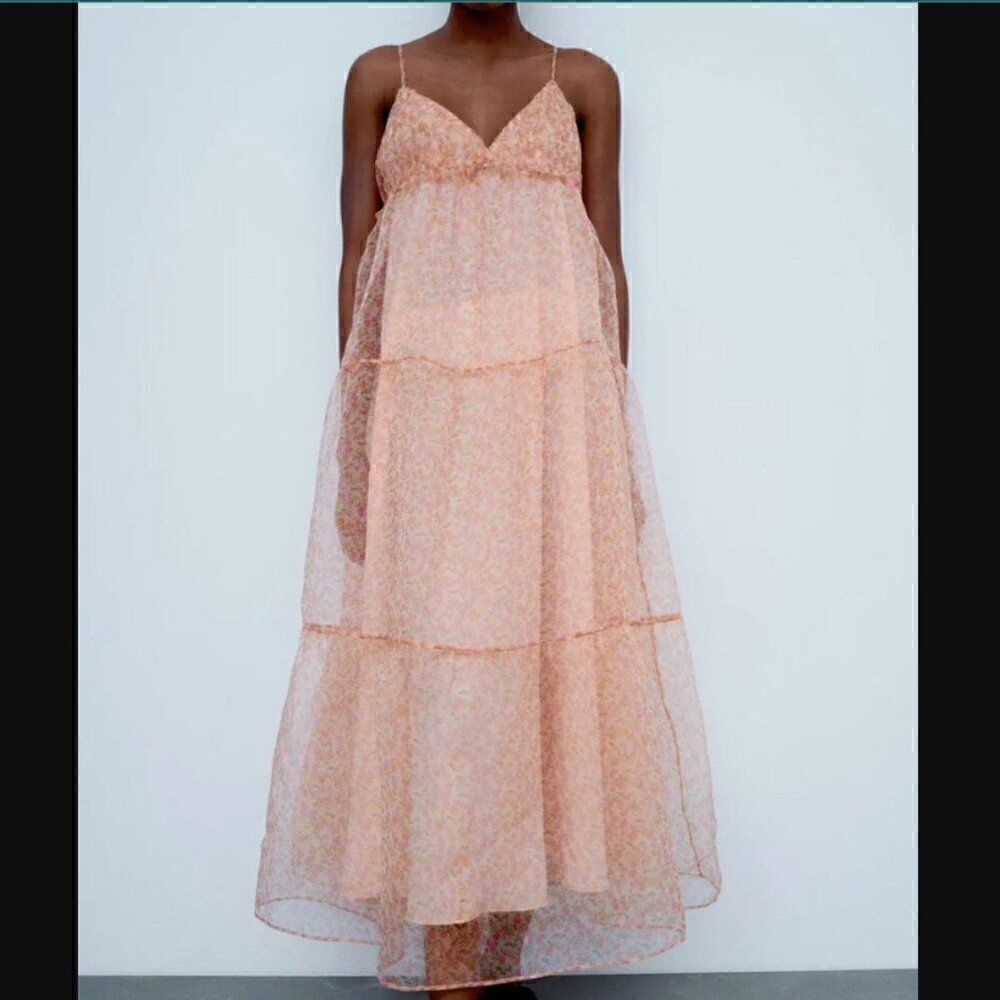 Zara Light Pink Floral Empire Waist Organza Baby Doll Maxi Dress Size Small